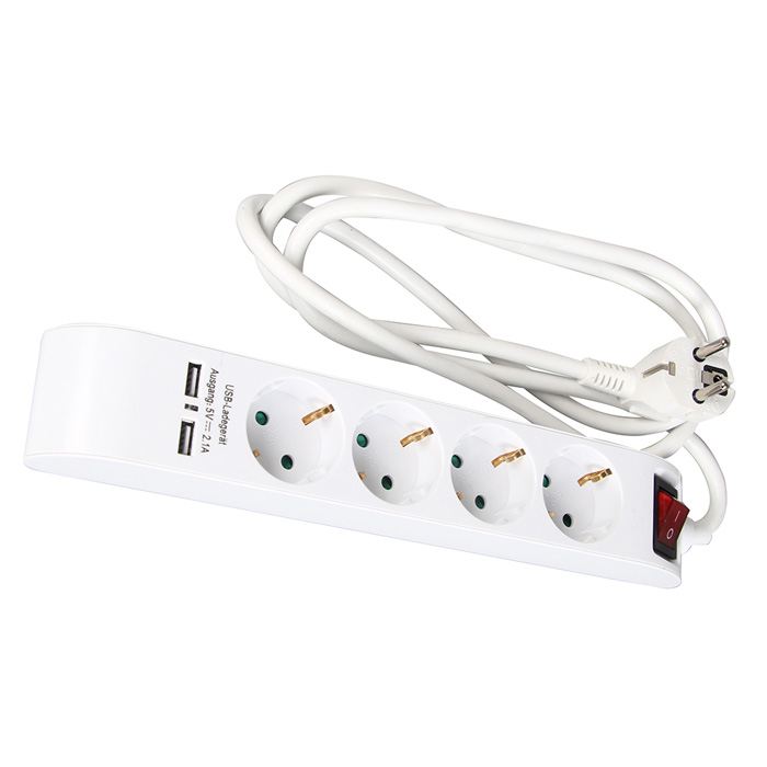 Pagarinatajs 4-vietigs 1.4m a/z/s/USB 2.1A 3x1.5mm KF-GSB-04KU3X1.5/1.4M elektrības pagarinātājs