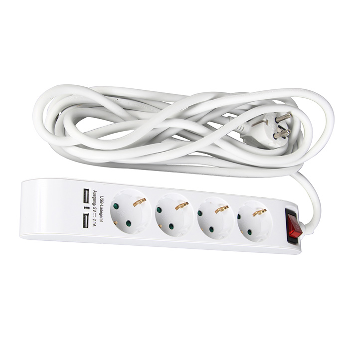 Pagarinatajs 4-vietigs 5m a/z/s/USB 2.1A 3x1.5mm KF-GSB-04KU3X1.5/5M elektrības pagarinātājs