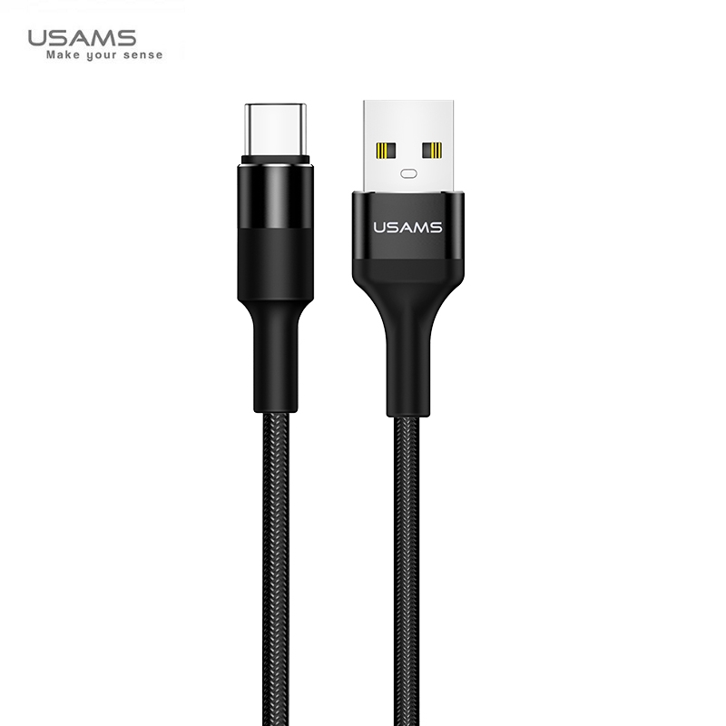 Usams US-SJ221 U5 Pītas Virves USB uz Type-C Datu & 2A Uzlādes Apaļu Konektoru Kabelis 1.2m Melns USB kabelis