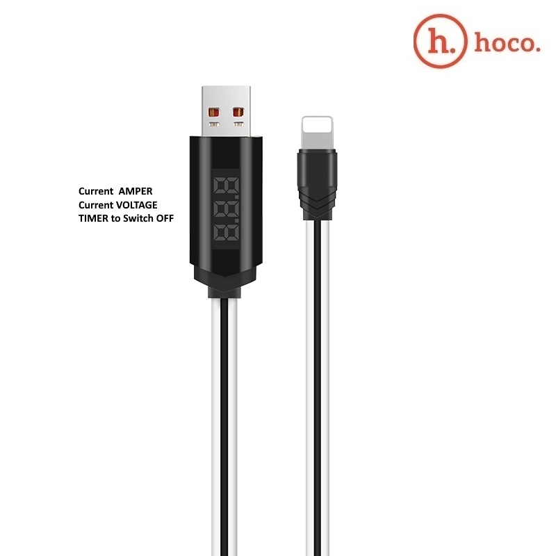 Hoco U29 USB uz Lightning USB 1.2m Kabelis ar info LCD - Ampēri / Voltāža / Izslēgšanās Taimera Poga Balts USB kabelis