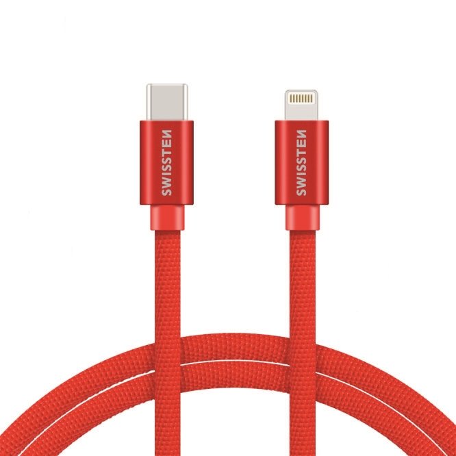 Swissten Textile USB-C To Lightning (MD818ZM/A) Datu un Uzlādes Kabelis Fast Charge / 3A / 1.2m Sarkans USB kabelis