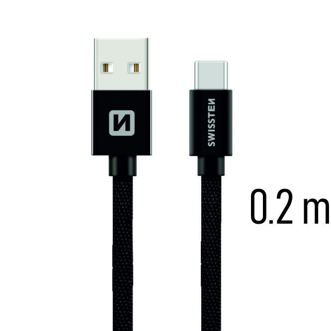 Swissten Textile Universāls Quick Charge 3.1 USB-C Datu un Uzlādes Kabelis 20 cm Melns USB kabelis