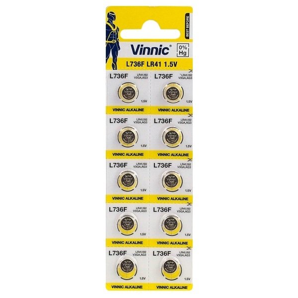 Vinnic AG3 / LR41 / SR41W / 392 / GP92A / 192 / Alkaline 1.5V Baterijas (10gab.) Baterija