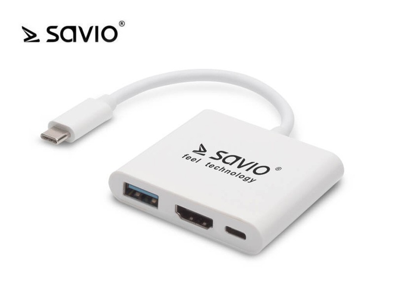 Savio Multimedia Adapteris Type-C to HDMI (4K @ 30Hz, 1080P @ 60Hz) + USB 3.0 Balts USB centrmezgli