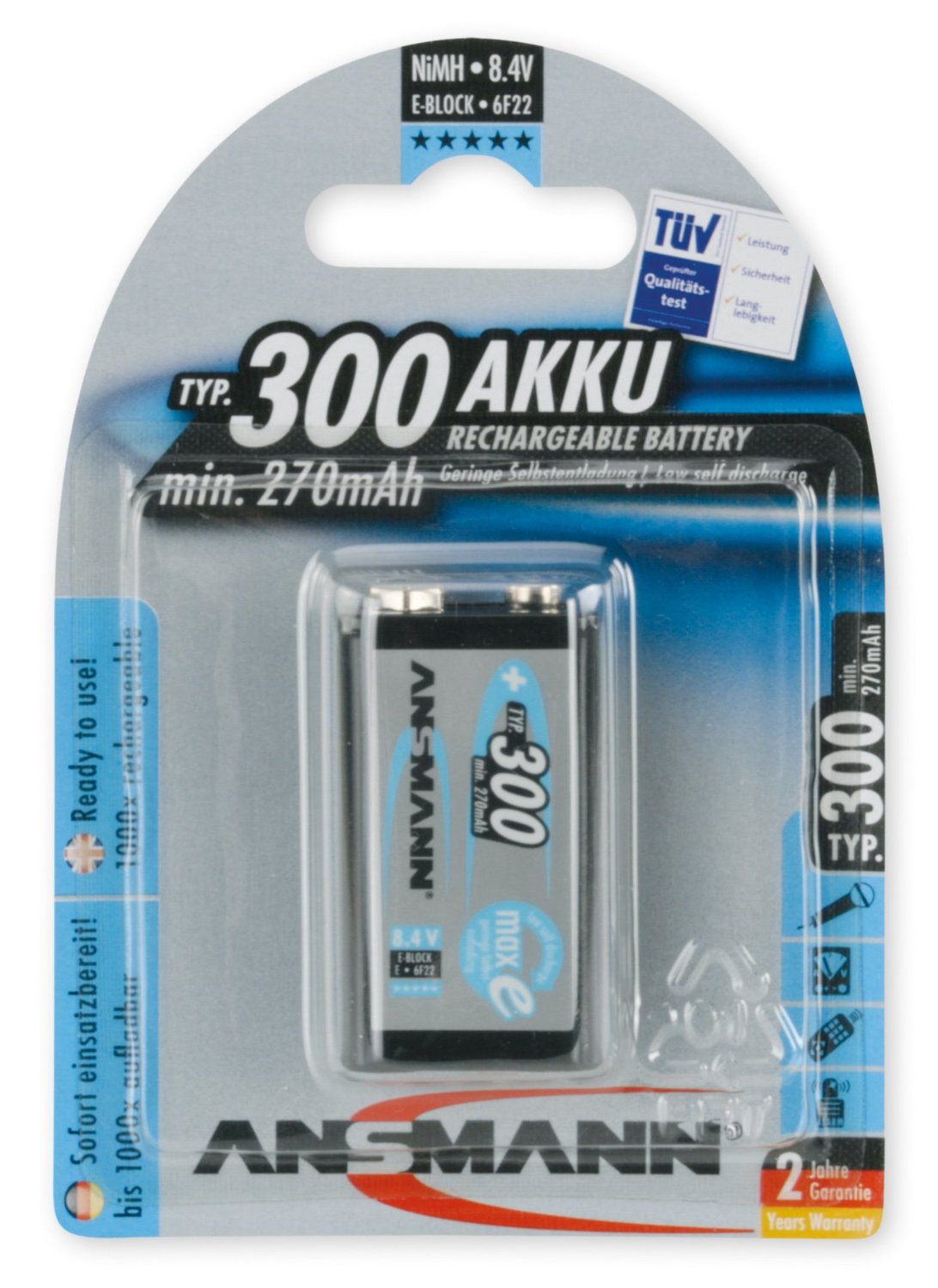 Ansmann 1 maxE Akku NiMH 9V-Block 250 mAh deutsch Baterija