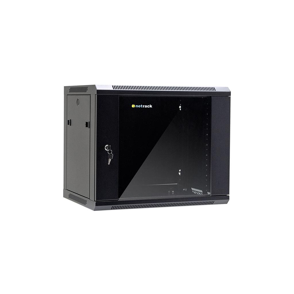 Netrack wall/hanging cabinet 19'',9U/450 mm,glass door,black,remov. side pan.