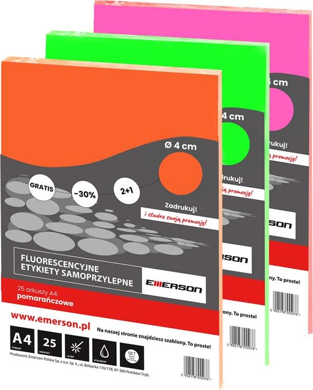 Emerson ETYKIETY EMERSON A4 FLUORESENCYJNE KOLKA ROZOWE 25 ARKUSZY ETOKROZ002x025x010 (5902178555083) uzlīmju printeris