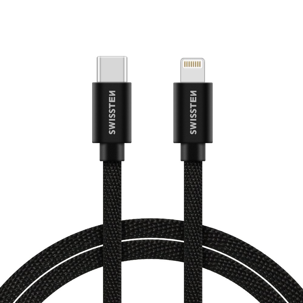 Swissten Textile Universāls Quick Charge 3.1 USB-C uz Lightning Datu un Uzlādes Kabelis 1.2m Melns USB kabelis