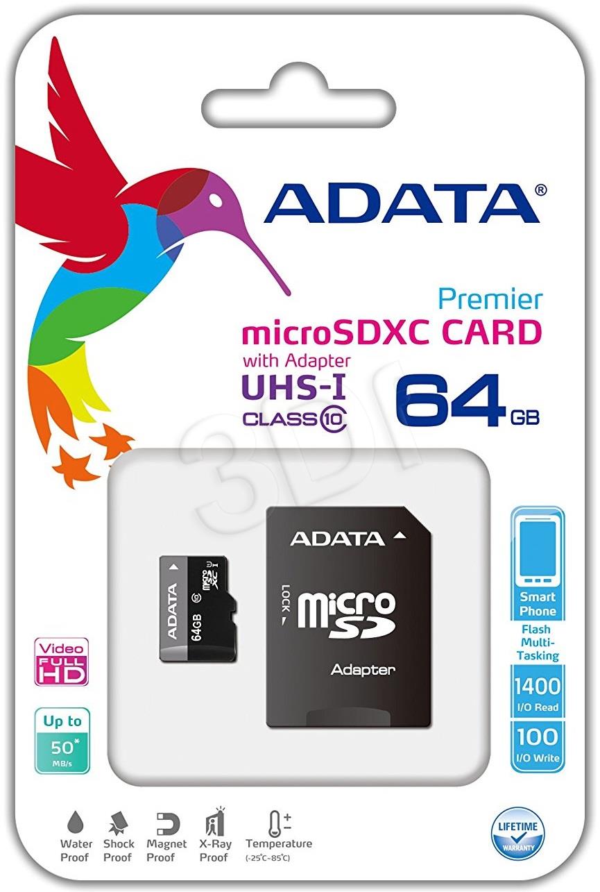 ADATA Premier Micro SDXC UHS-I 64GB (Video Full HD) +SDHC Adapter atmiņas karte