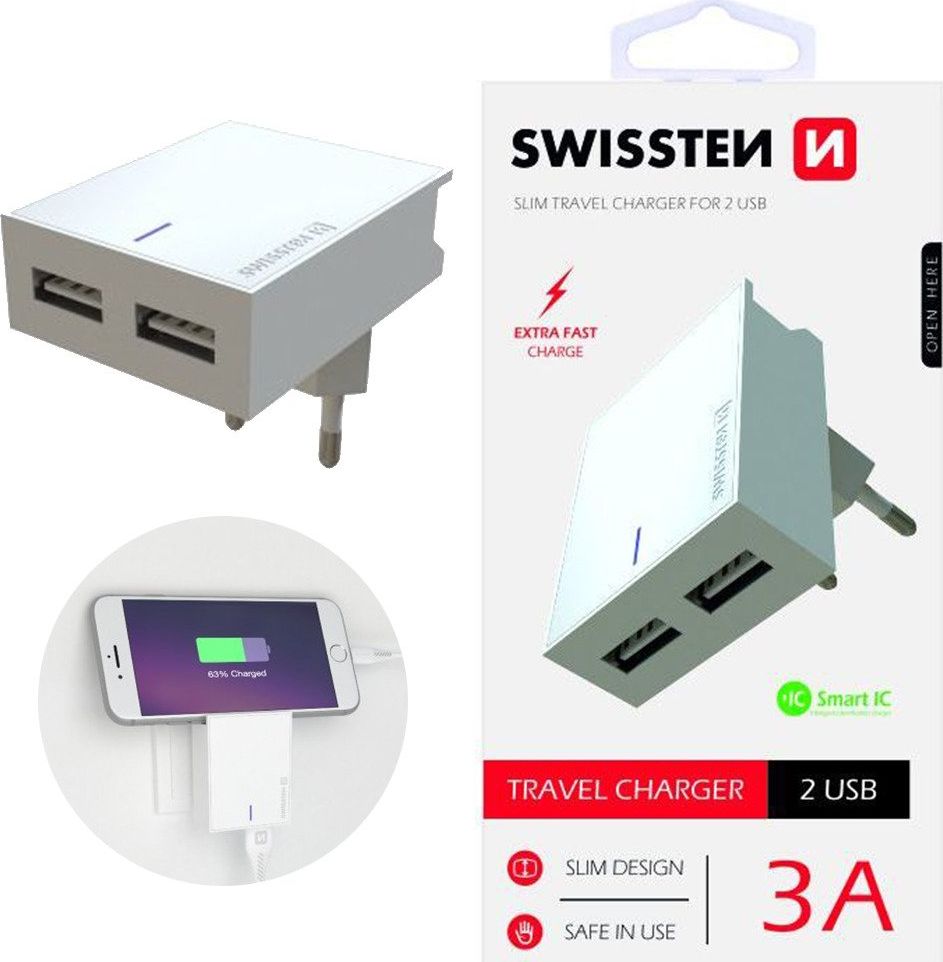 Swissten Travel Charger Smart Ic 2x USB 3A Power bialy iekārtas lādētājs