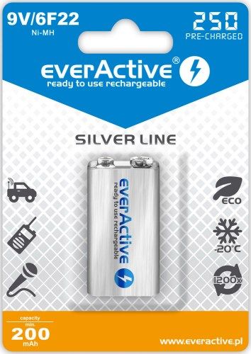 Rechargeable batteries everActive Ni-MH 6F22 9V 250 mAh Silver Line Baterija
