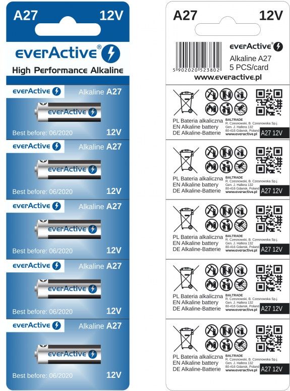 EverActive 27A 12V- blister 5 pcs. Baterija