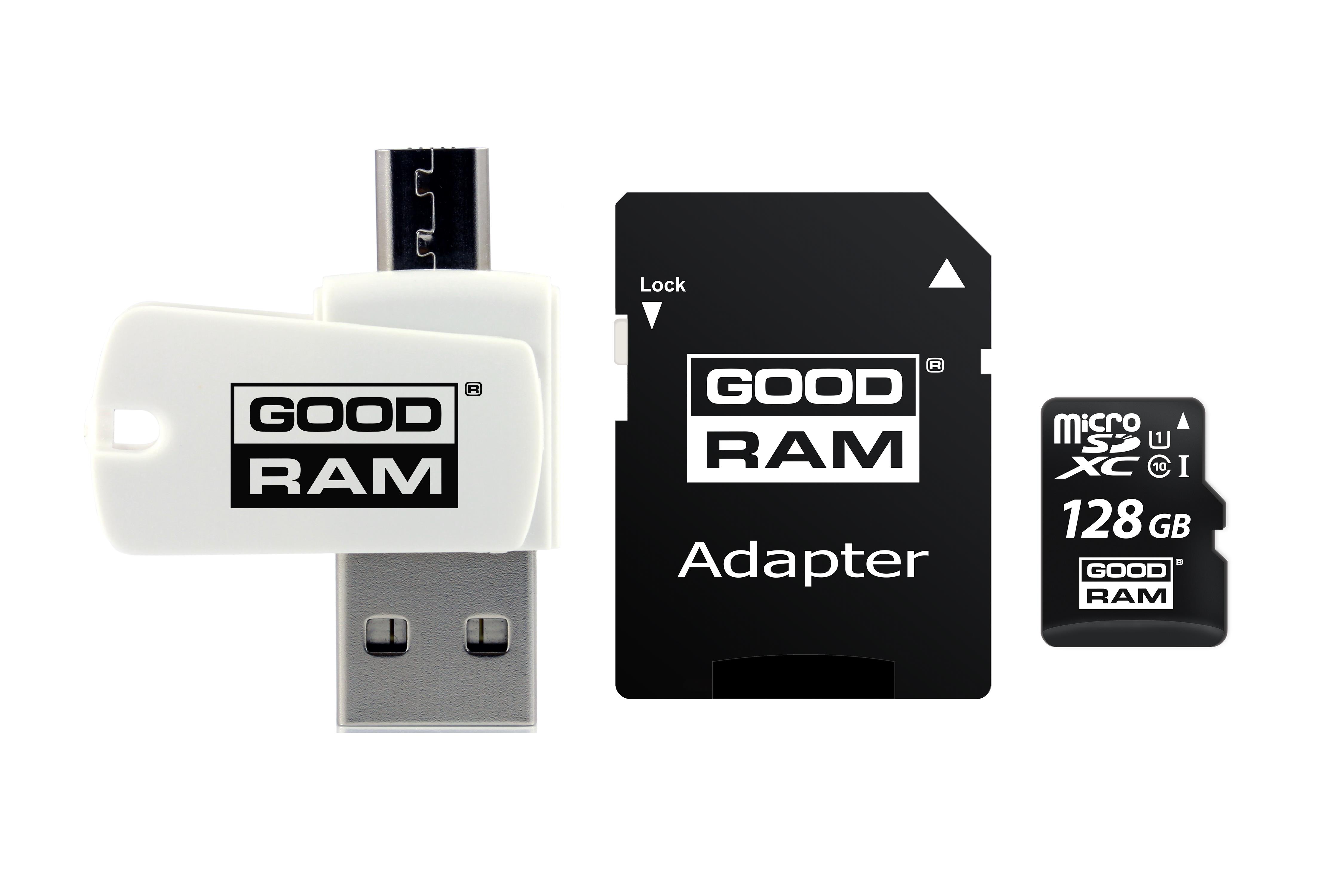 Goodram MicroSDXC 128GB Class 10 UHS I + Card reader + adapter atmiņas karte