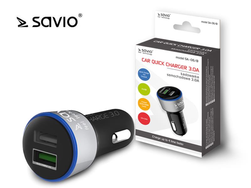 Charger car for smartphone SAVIO Quick Charge 3.0 SA-06/B (2400 mA, 3000 mA; USB) aksesuārs mobilajiem telefoniem