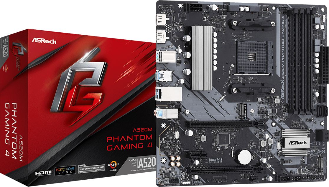 Asrock A520M Phantom Gaming 4 AMD A520 Socket AM4 micro ATX pamatplate, mātesplate