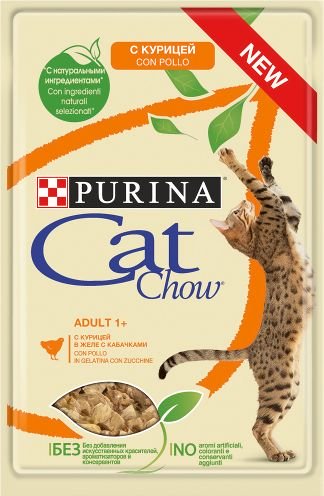 Nestle PURINA Cat Chow Adult 1+ z kurczakiem i cukinia w galarecie 85 g VAT011042 (7613036595049) kaķu barība