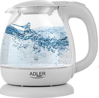 Adler Kettle AD 1283G Standard, 1100 W, 1 L, Plastic/ glass, White/ transparent, 360° rotational base 5902934833417 Elektriskā Tējkanna
