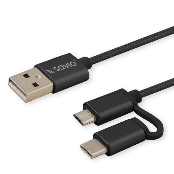 Savio CL-128 USB cable 1 m USB 2.0 USB A USB C/Micro-USB A Black USB kabelis