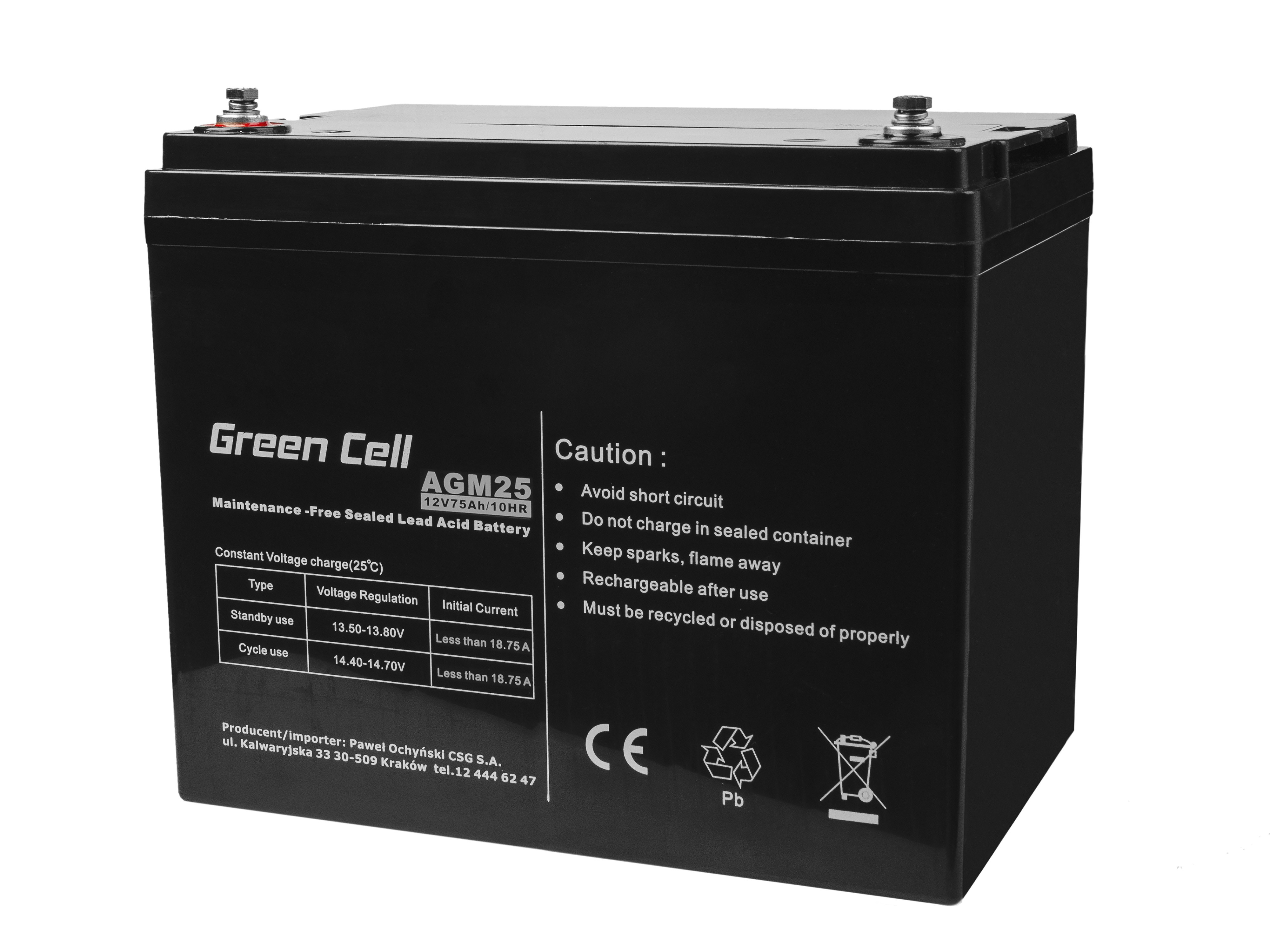 GREEN CELL Battery AGM 12V 75 Ah UPS aksesuāri