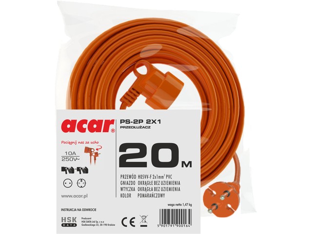 Extension cord PS-2P 2x1 20m without safety contact orange H05VVVDE elektrības pagarinātājs