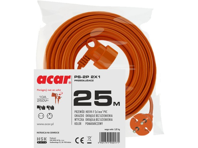 Acar Extension cord PS-2P 2x1 25m without safety contact orange H05VVVDE elektrības pagarinātājs