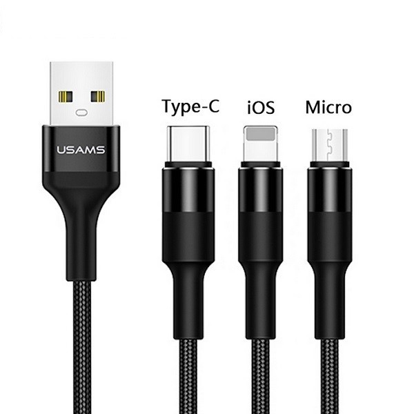 Braided cable 3w1 U5 1,5 m black lightning/microUSB/USB-C US-SJ219 Planšetes aksesuāri