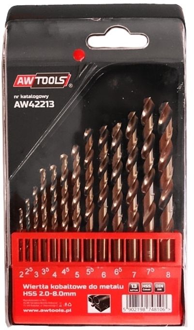 Wiertlo AWTools do metalu kobaltowe walcowe 2 7 4,5 4 5,5 5 3 2,5 3,5 6 6,5 7,5 8mm zestaw (AW42213) AW42213 (5902198748106)