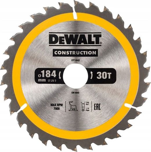 Dewalt pila tarczowa 184x30mm, 30 zebow (DT1942-QZ) DT1942-QZ (5035048095591) Elektriskais zāģis