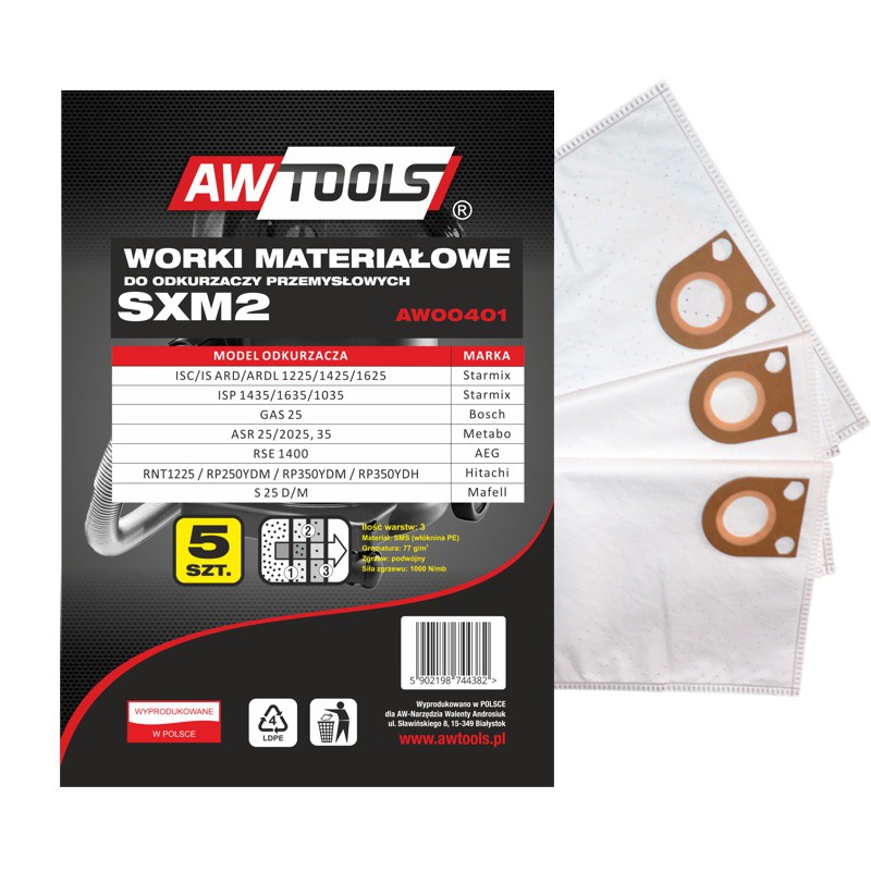 Bag for vacuum cleaner AWTools with non-woven SXM2 GAS25 / STARMIX 5 pcs. (AW00401) aksesuārs putekļsūcējam