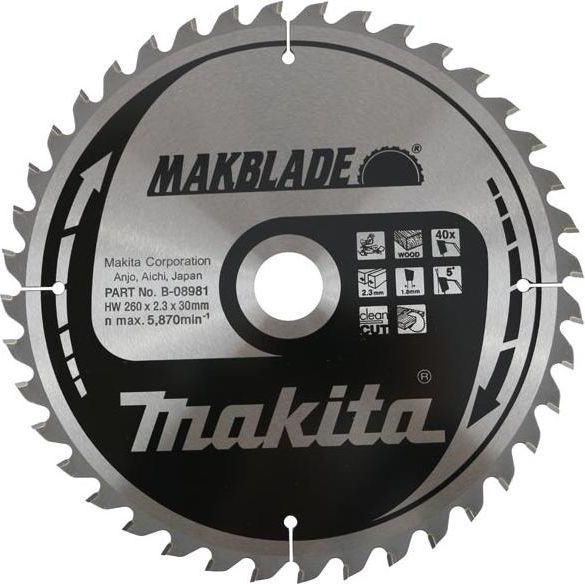 Makita pila tarczowa 260x30x2,3mm 40 zeby Makblade (B-08981) Elektriskais zāģis