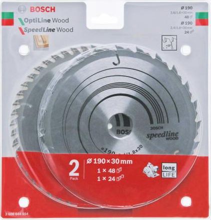 Bosch Pila Tarczowa Dwupak Optiline Wood 190x2,6/1,6x30x48z + Speedline Wood 190x2,4/1,8x30x24z B2608644654 2608644654 (3165140989152) Elektriskais zāģis