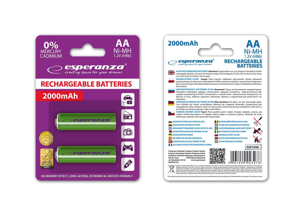 Esperanza EZA103G RECHARGEABLE BATTERIES Ni-MH AA 2000MAH 2PCS -GREEN Baterija