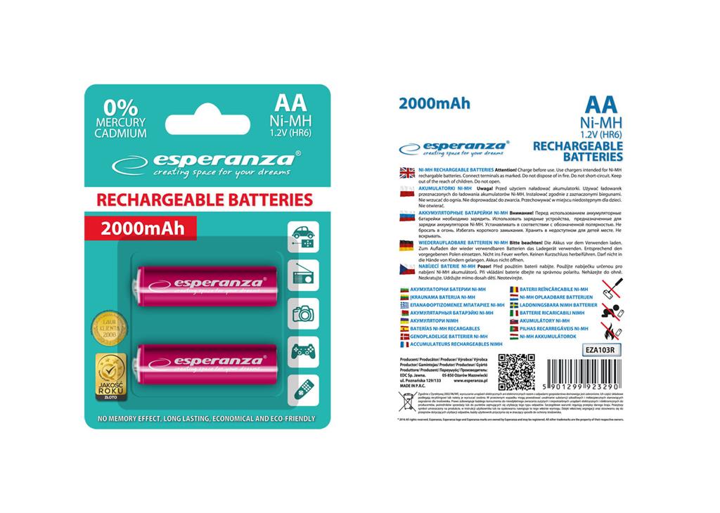 Esperanza EZA103R RECHARGEABLE BATTERIES Ni-MH AA 2000MAH 2PCS - RED Baterija