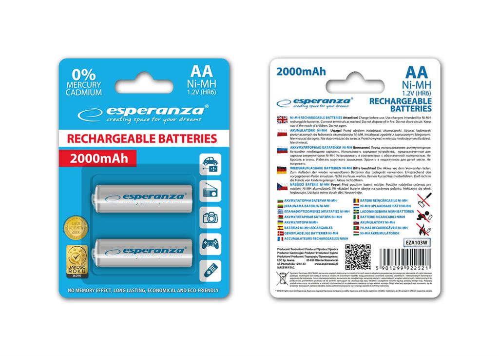 Esperanza EZA103W RECHARGEABLE BATTERIES Ni-MH AA 2000MAH 2PCS - WHITE Baterija