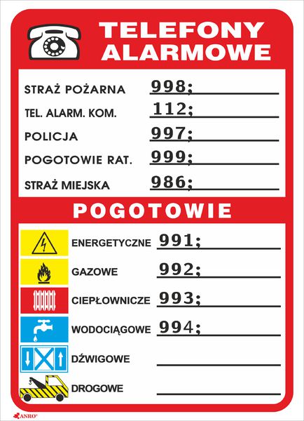 ANRO Tabliczka Telefony alarmowe 210 x 150mm (93/210X150/F) 93/210X150/F (5901986723837) biroja tehnikas aksesuāri