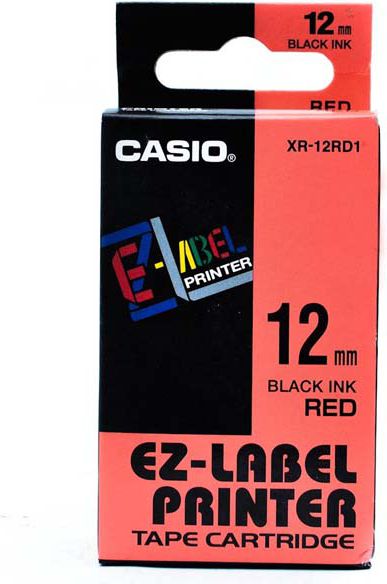 Casio oryginalna tasma do drukarek etykiet, Casio, czarny druk/czerwony podklad, nielaminowany, 8m, 12mm (XR-12RD1)