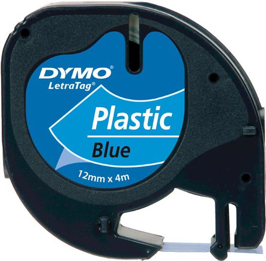 DYMO Registered  Original Schriftband fur LetraTag Registered  Plastik 12mm x 4m -schwarz auf blau papīrs