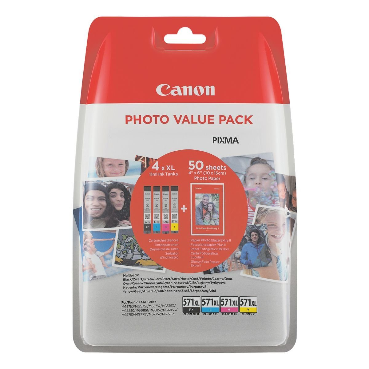 Canon Original Value-Pack Tintenpatronen CLI-571 XL black,cyan, magenta, yellow + 50 Blatt Fotopapier PP-201 (0332C005) kārtridžs