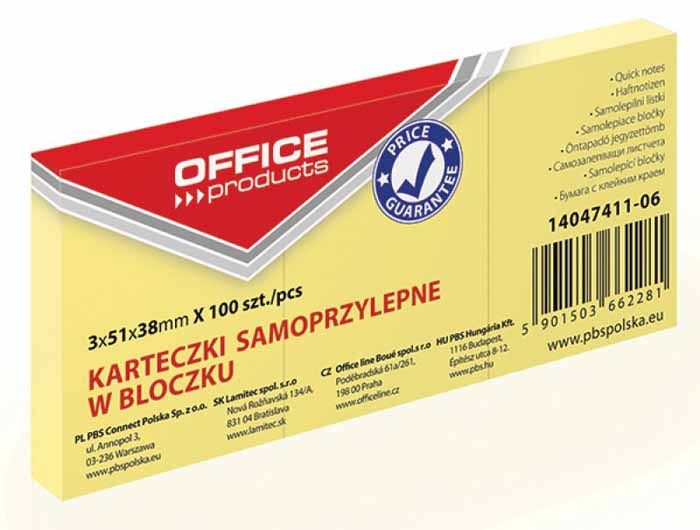 Office Products Bloczek samoprzylepny OFFICE PRODUCTS, 38x51mm, 1x100 kart., pastel, jasnozolty 14047411-06 (5901503662274)