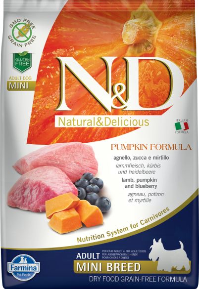 Farmina Pet Foods N&D Grain Free Pumpkin Lamb & Blueberry Adult Mini 2.5kg VAT010454 (8010276033277) barība suņiem