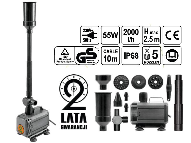 Flo Pompa fontannowa 55W, 2000L/H H25m. 5-kon 79931 79931 (5906083799310) Dārza mēbeles