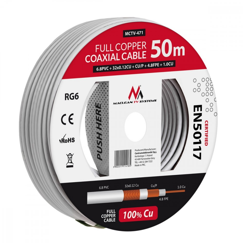 Antenna Coaxial Cable RG6 50m MCTV-471 kabelis, vads