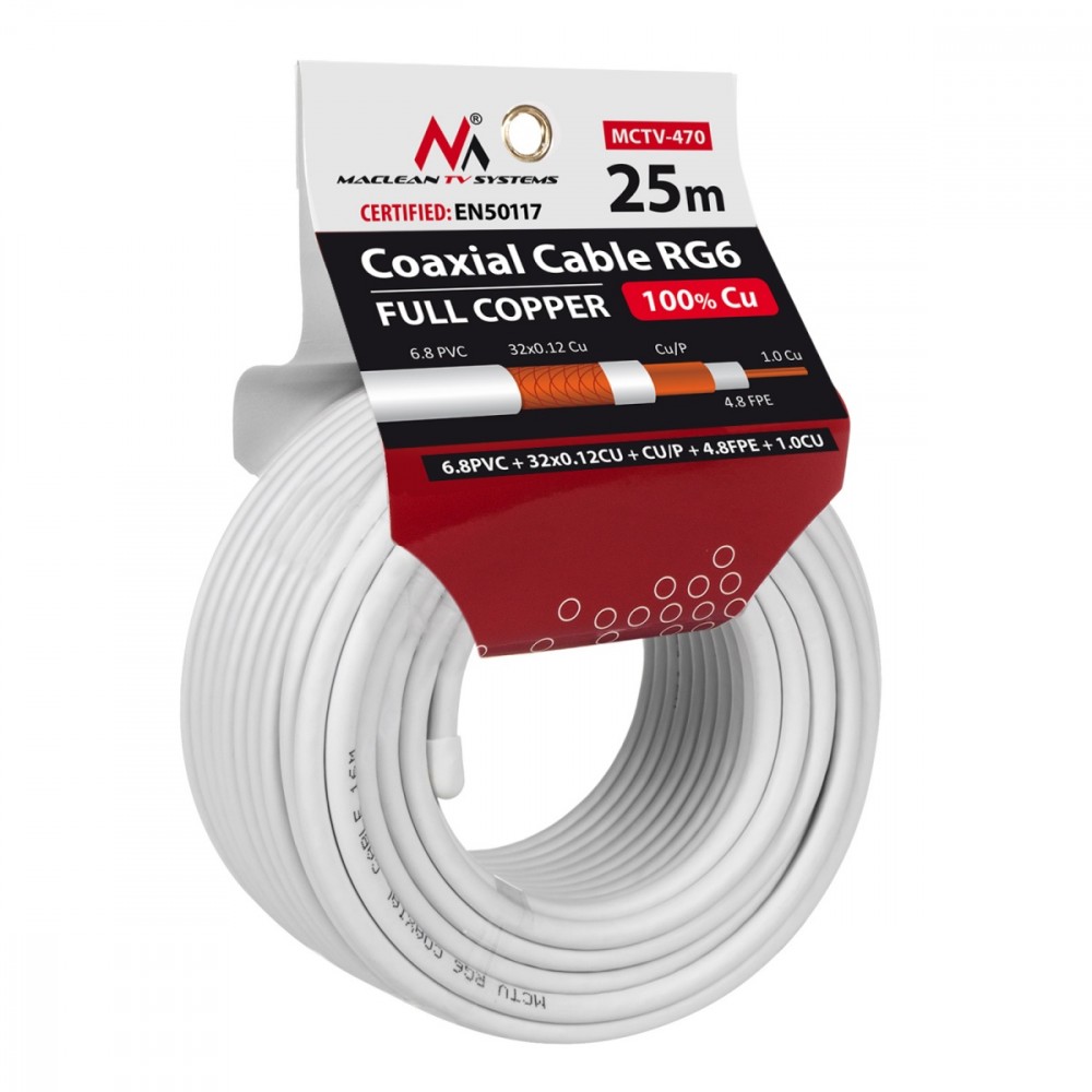 Antenna Coaxial Cable RG6 25m MCTV-470 kabelis, vads