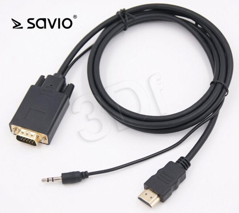 Kabel Savio CL-104 ( HDMI - VGA + JACK 3,5 M-M PVC 1,8m drut black ) kabelis, vads