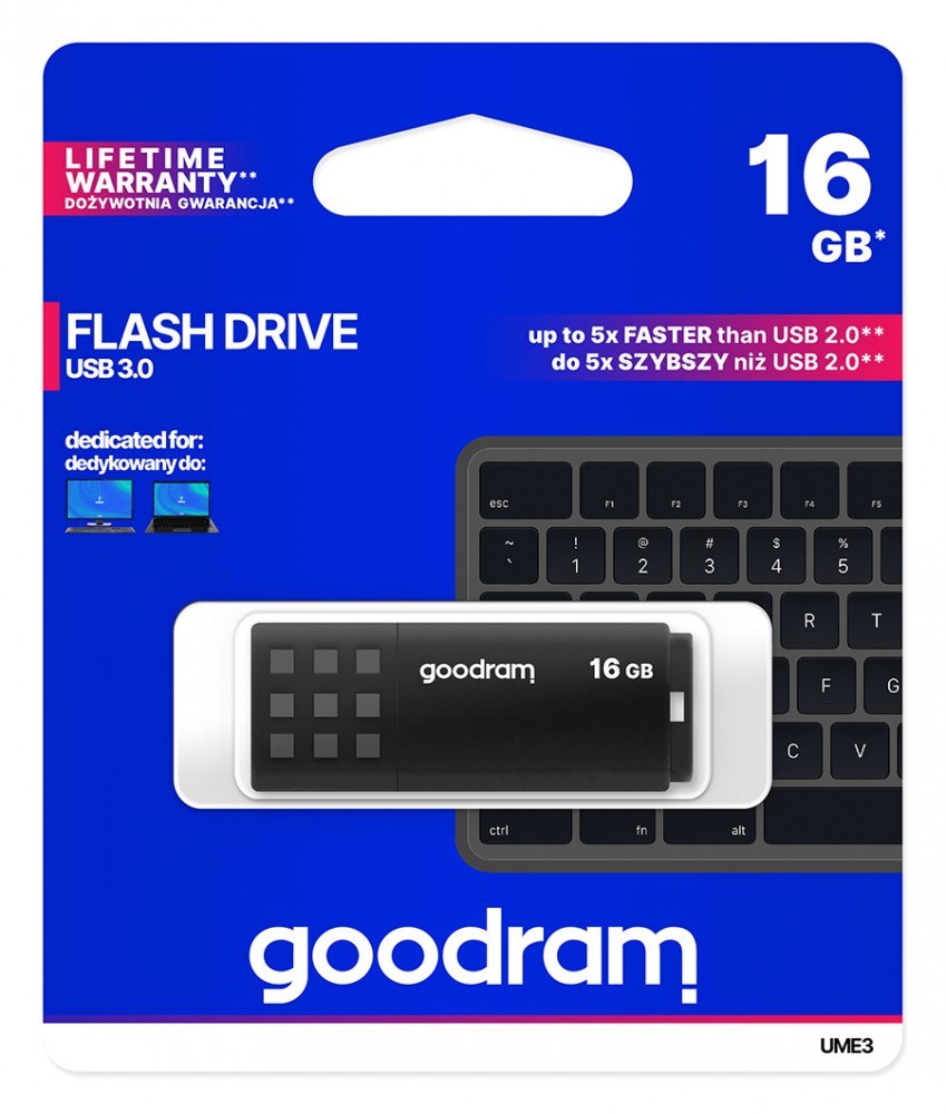 GOODRAM memory USB UME3 16GB USB 3.0 Black USB Flash atmiņa