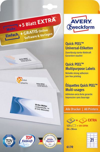 Avery Zweckform Etykiety Quick Peel 64x36 (6170) 6170 (4004182061701) uzlīmju printeris