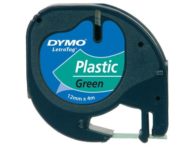 DYMO Registered  Original Schriftband fur LetraTag Registered  Plastik 12mm x 4m -schwarz auf grun papīrs