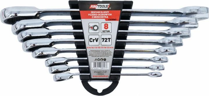 AWTools klucze plasko-oczkowe z grzechotka komplet 8 sztuk 8-22mm (AW39997)