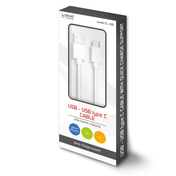 Savio USB - USB type C cable 5A, 1m CL-126 White USB kabelis