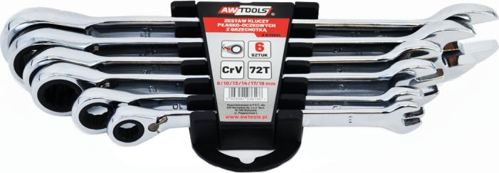 AWTools klucze plasko-oczkowe z grzechotka komplet 6 sztuk 8-19mm (AW39995)